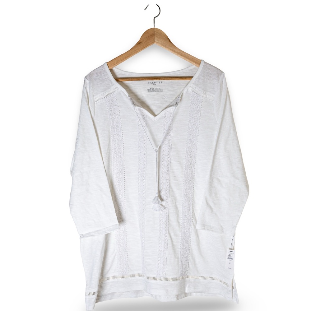 NWT: Talbots Lightweight Embroidered Tassel Tie Top; Women's; White; Plus X